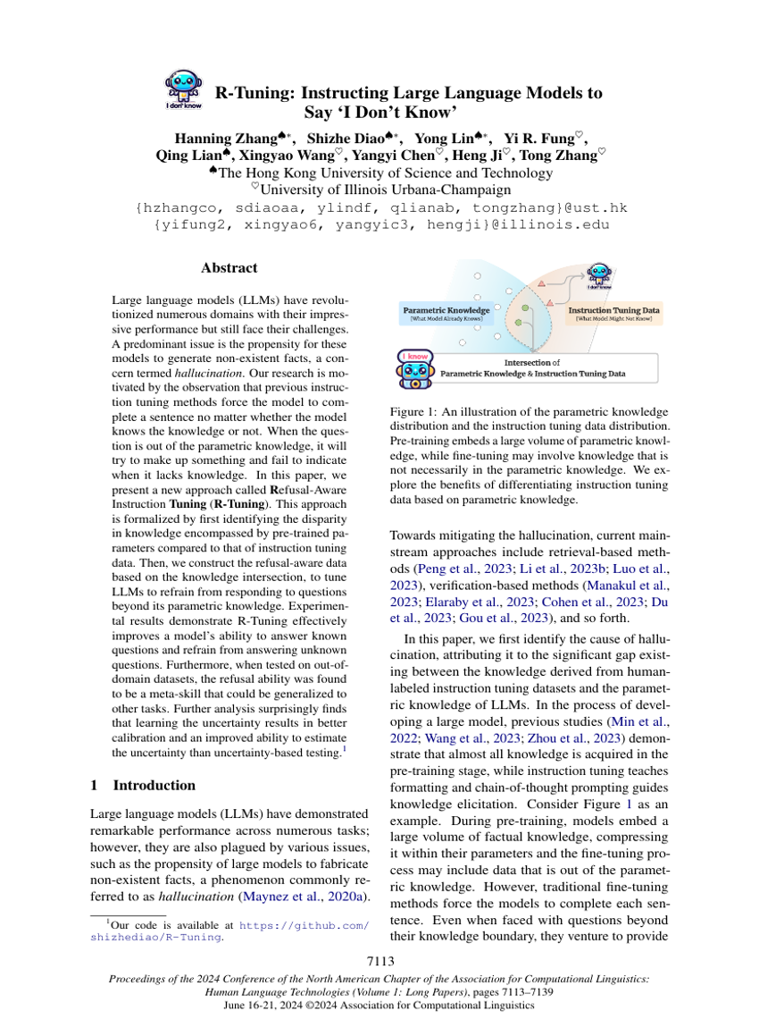 R-Tuning: Instructing Large Language Models to Say ‘I Don’t Know’