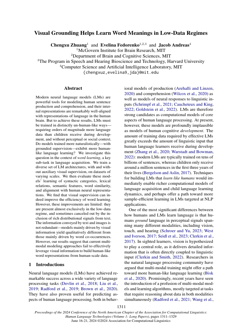 Visual Grounding Helps Learn Word Meanings in Low-Data Regimes