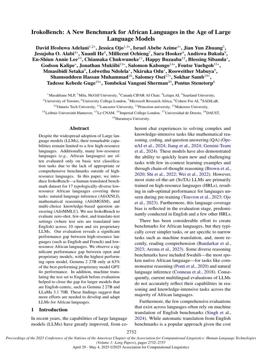 IrokoBench: A New Benchmark for African Languages in the Age of Large Language Models