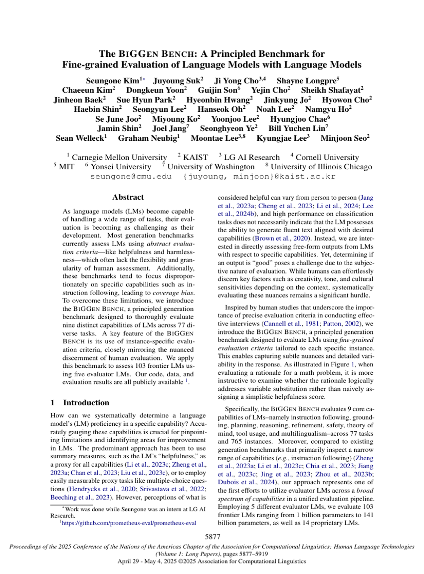 The BIGGEN BENCH: A Principled Benchmark for Fine-grained Evaluation of Language Models with Language Models