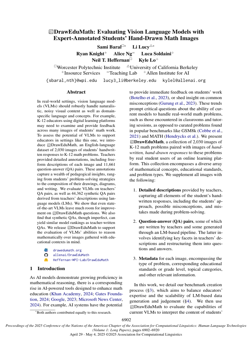 DrawEduMath: Evaluating Vision Language Models with Expert-Annotated Students' Hand-Drawn Math Images