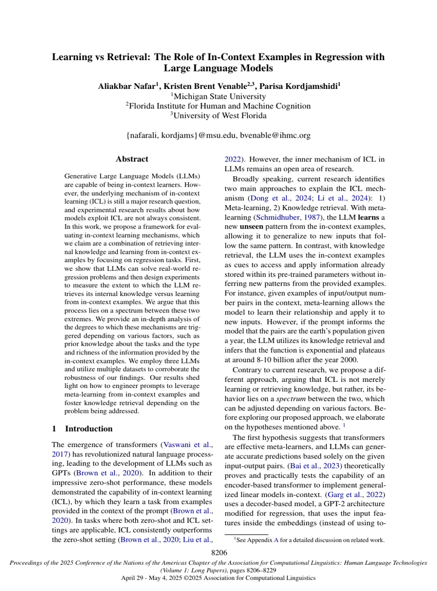 Learning vs Retrieval: The Role of In-Context Examples in Regression with Large Language Models