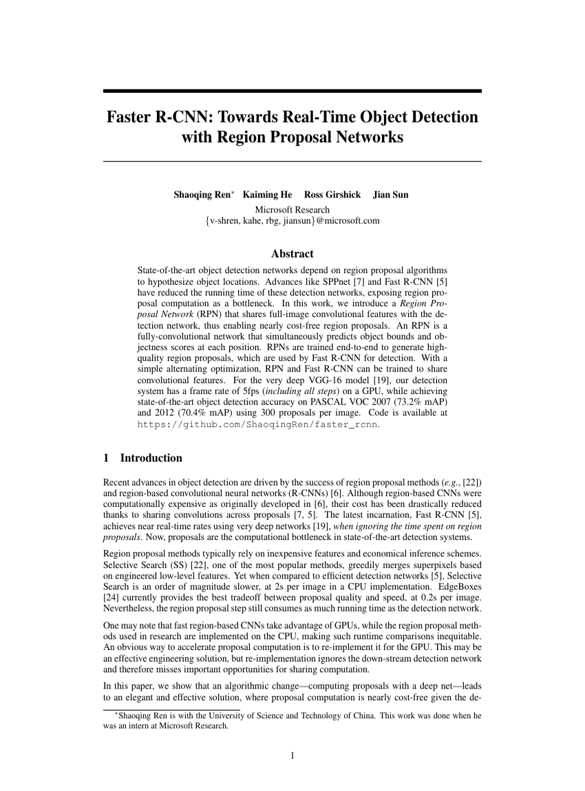 Faster R-CNN: Towards Real-Time Object Detection with Region Proposal Networks