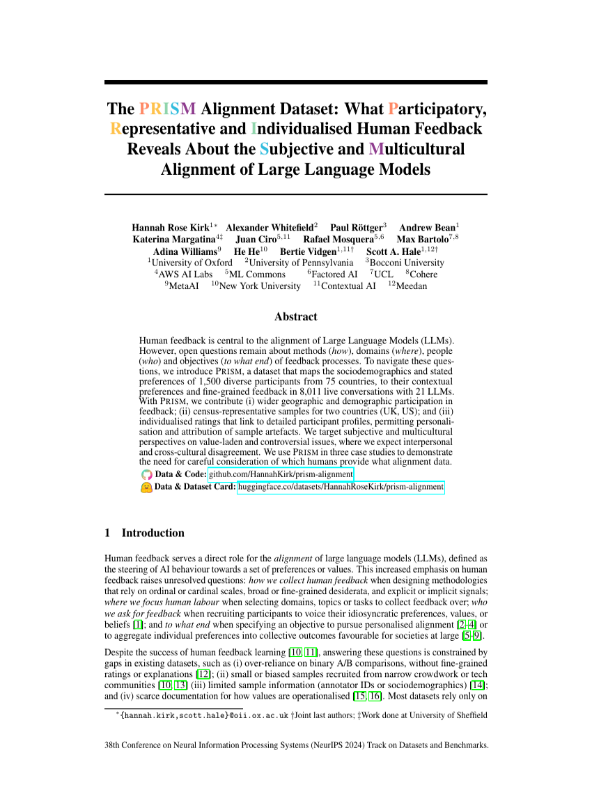 The PRISM Alignment Dataset: What Participatory, Representative and Individualised Human Feedback Reveals About the Subjective and Multicultural Alignment of Large Language Models