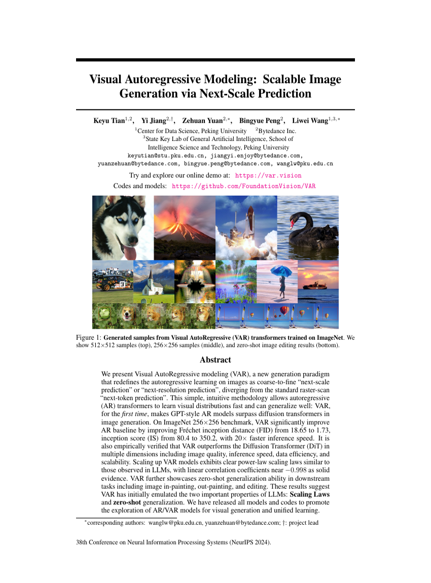 Visual Autoregressive Modeling: Scalable Image Generation via Next-Scale Prediction