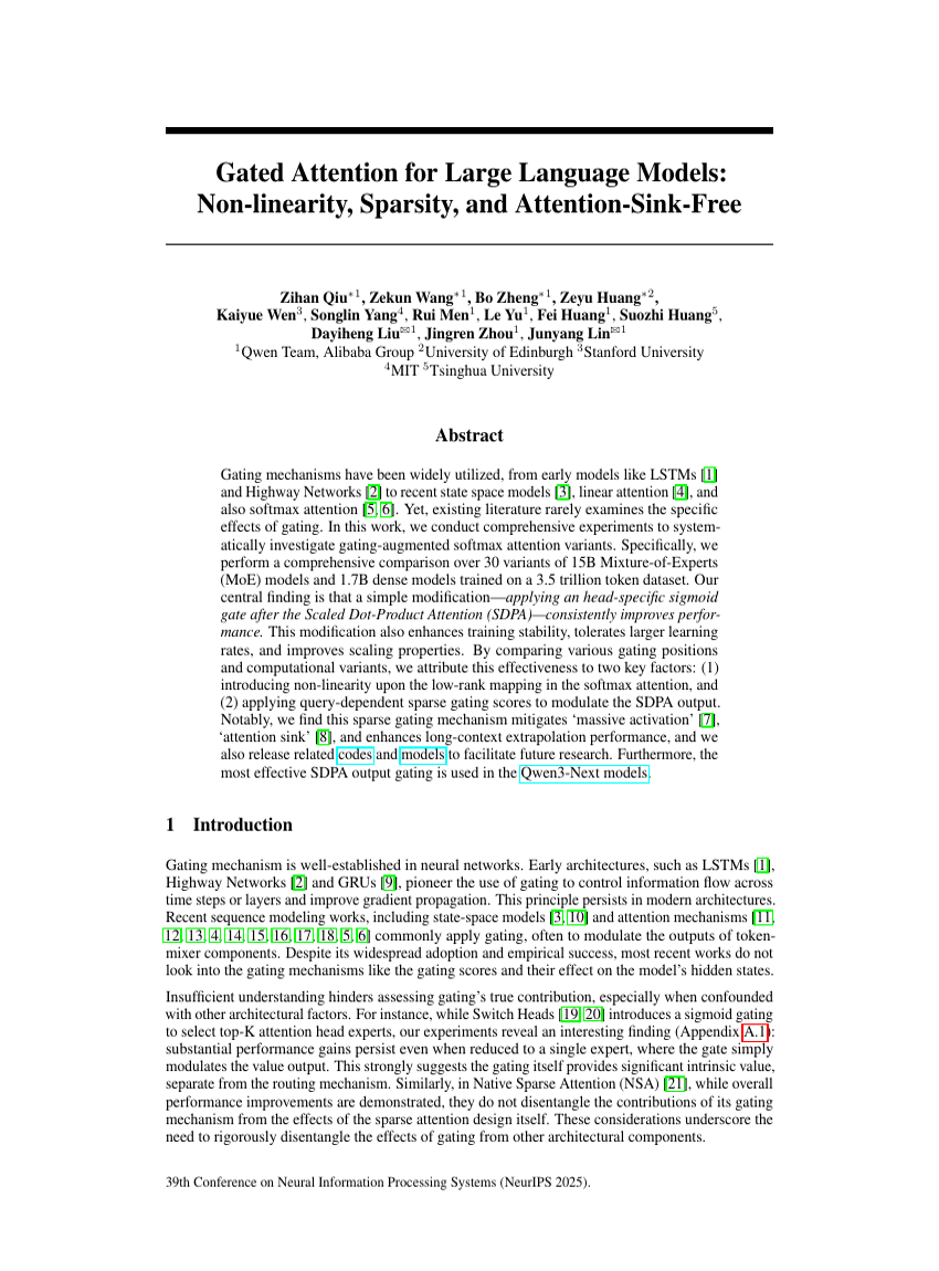 Gated Attention for Large Language Models: Non-linearity, Sparsity, and Attention-Sink-Free