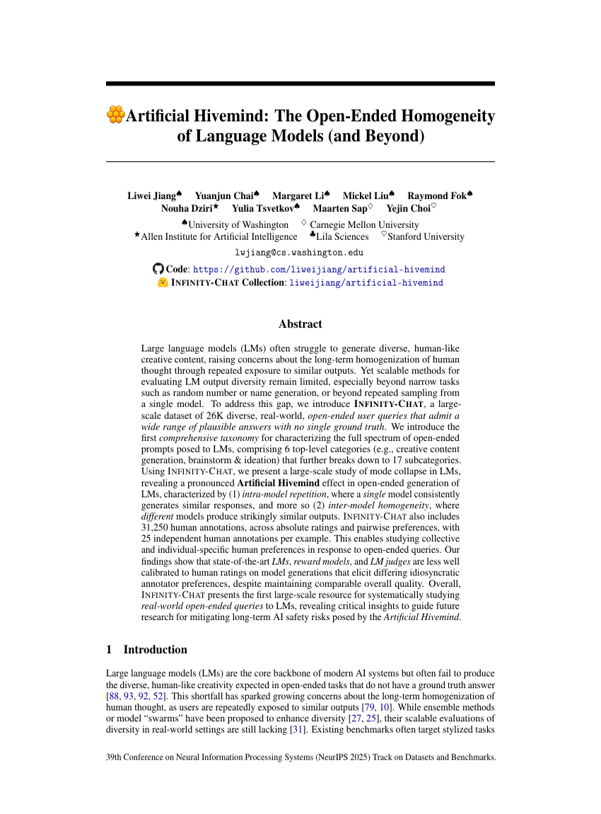 Artificial Hivemind: The Open-Ended Homogeneity of Language Models (and Beyond)