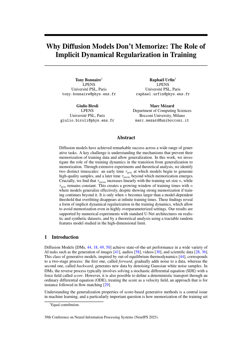 Why Diffusion Models Don't Memorize: The Role of Implicit Dynamical Regularization in Training
