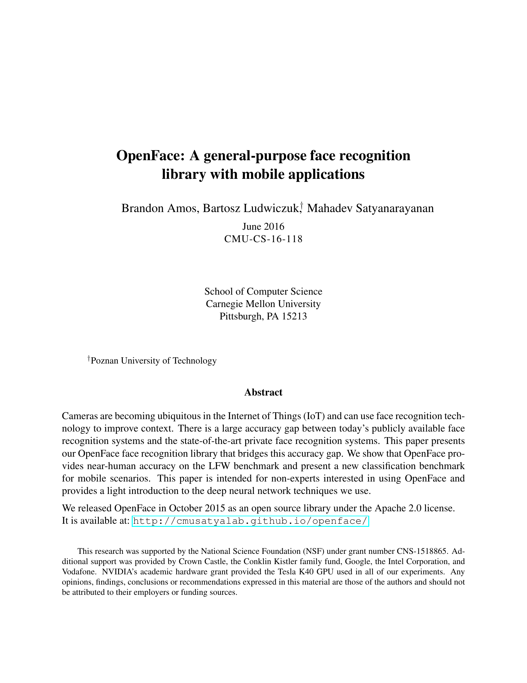 OpenFace：モバイルアプリケーションを備えた汎用的な顔認識ライブラリ