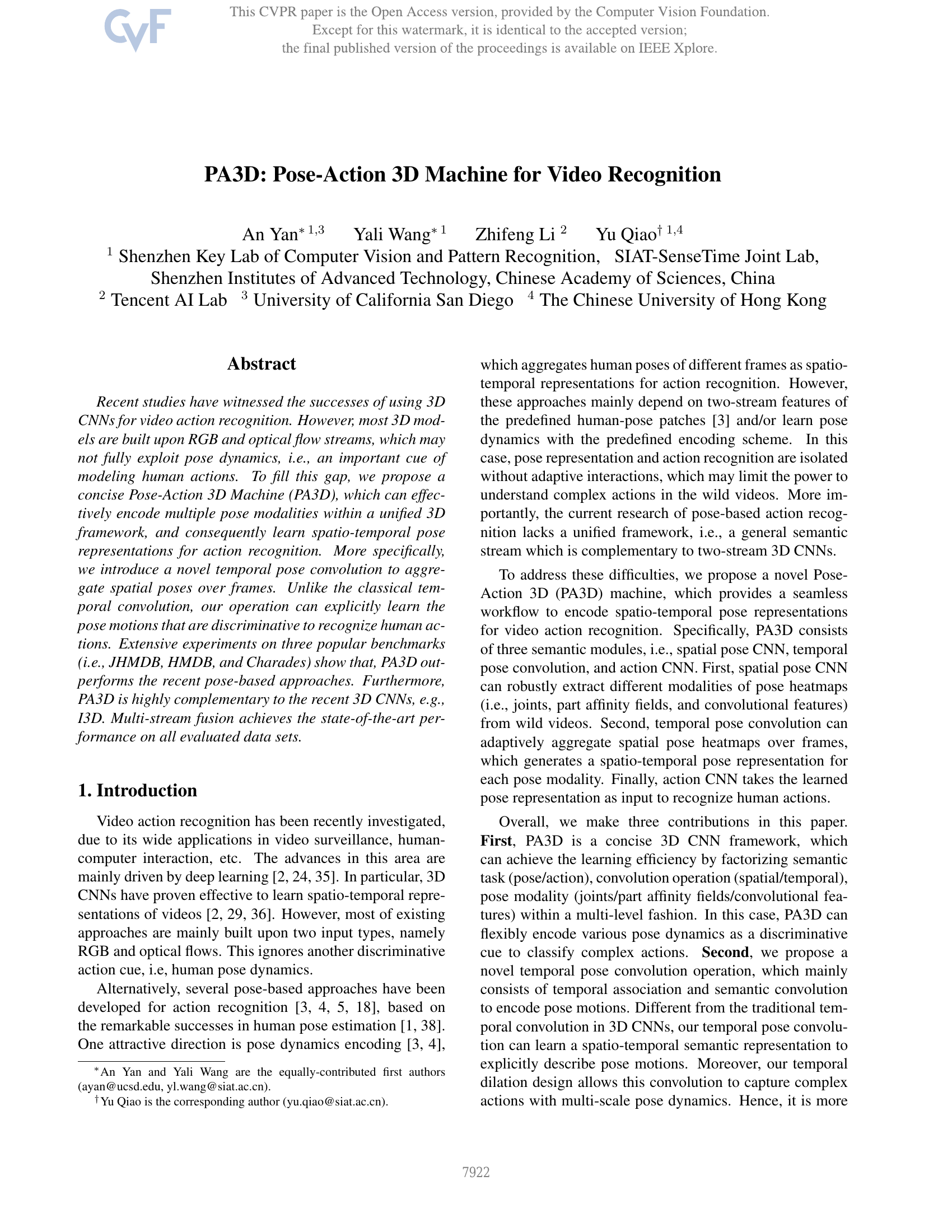 PA3D: Pose-Action 3D Machine for Video Recognition
