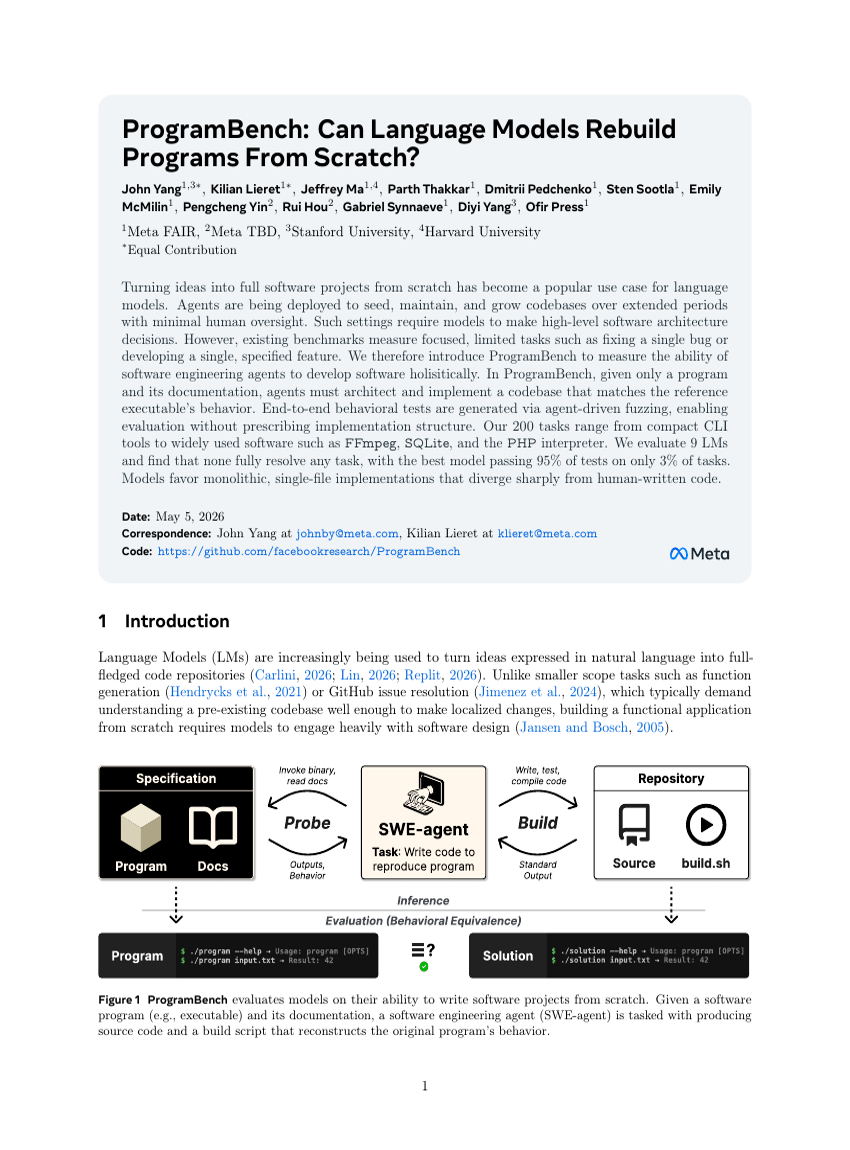 ProgramBench: Can Language Models Rebuild Programs From Scratch?