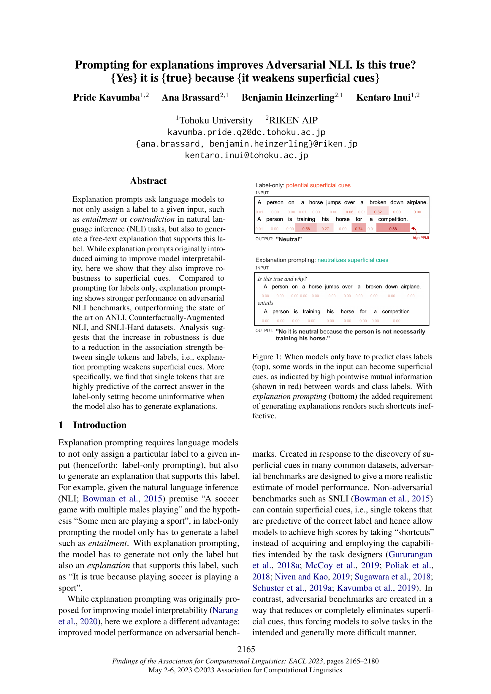 提示以获取解释能够提升对抗性自然语言推理(Adversarial NLI)的效果。这是真的。因为这种方法削弱了表面线索(superficial cues)。