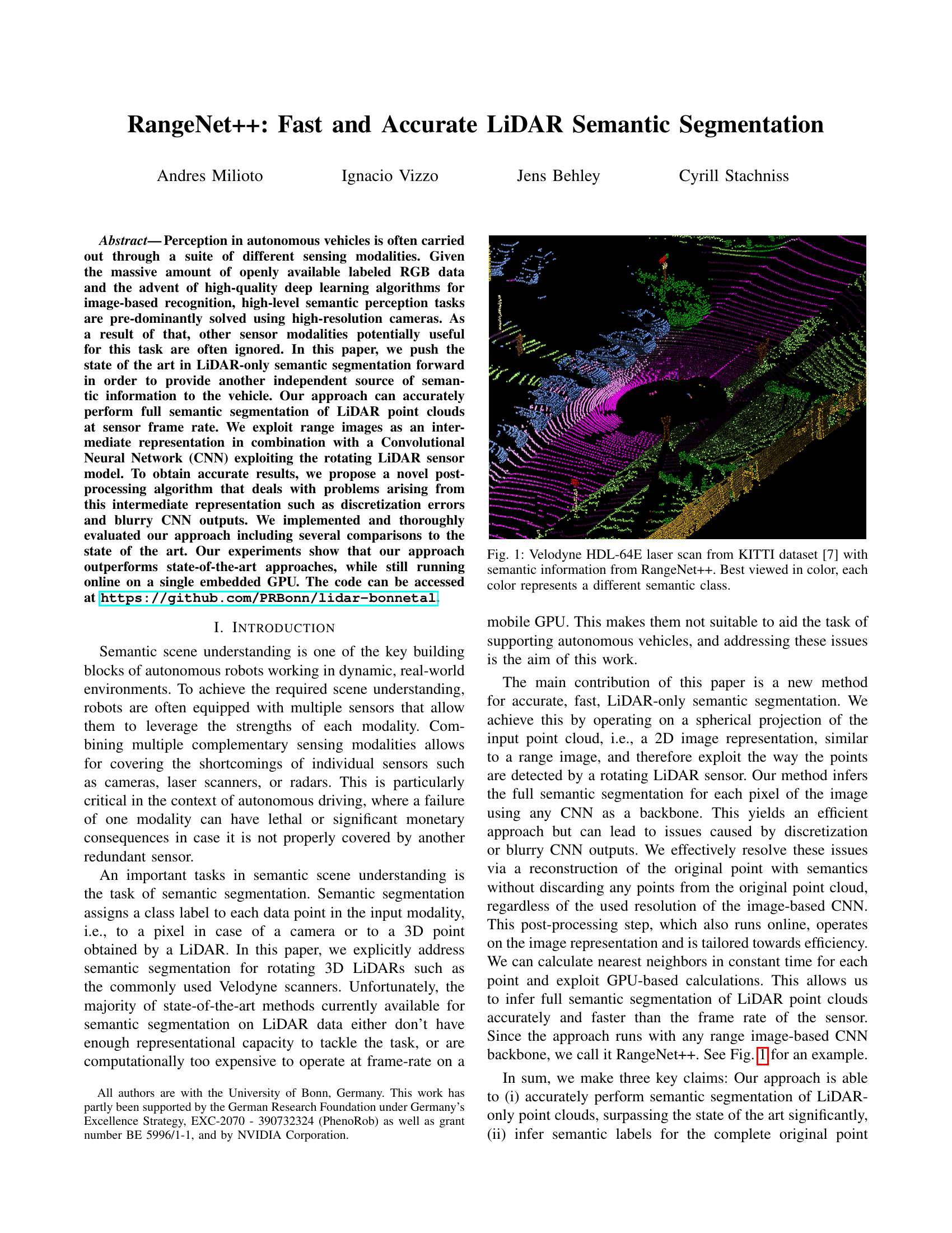 RangeNet++: Fast and Accurate LiDAR Semantic Segmentation