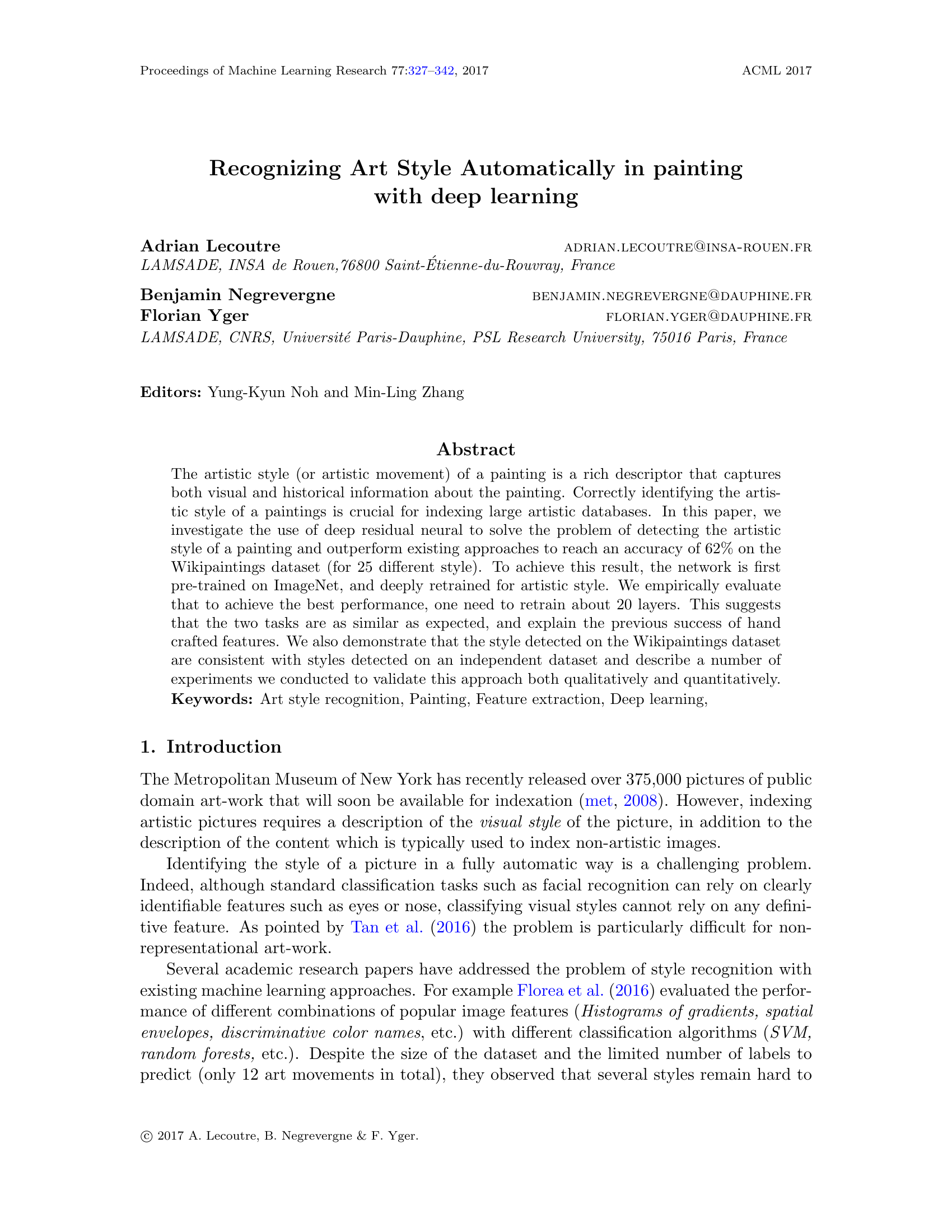 Reconnaissance automatique du style artistique dans les peintures à l’aide du deep learning