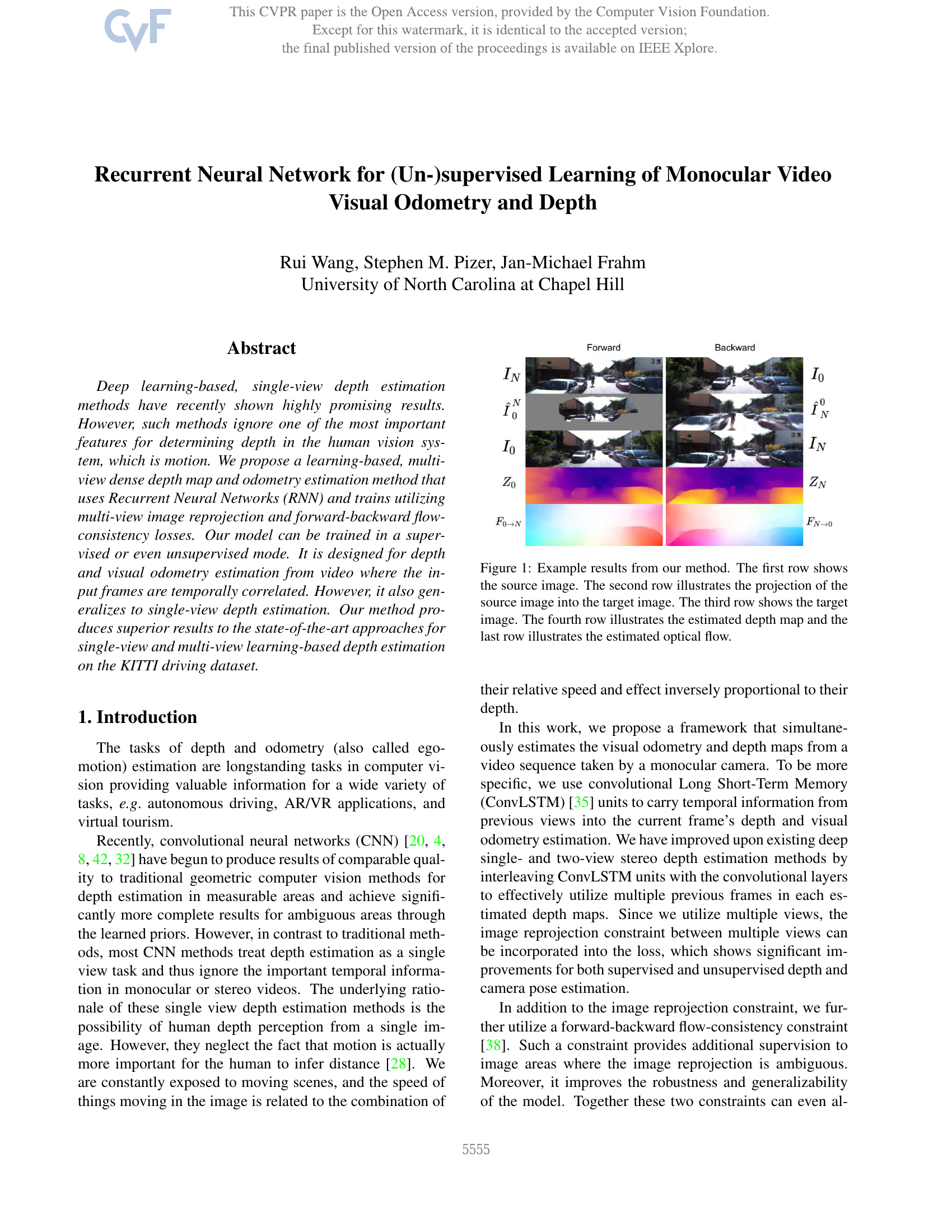 Recurrent Neural Network for (Un-)Supervised Learning of Monocular Video Visual Odometry and Depth
