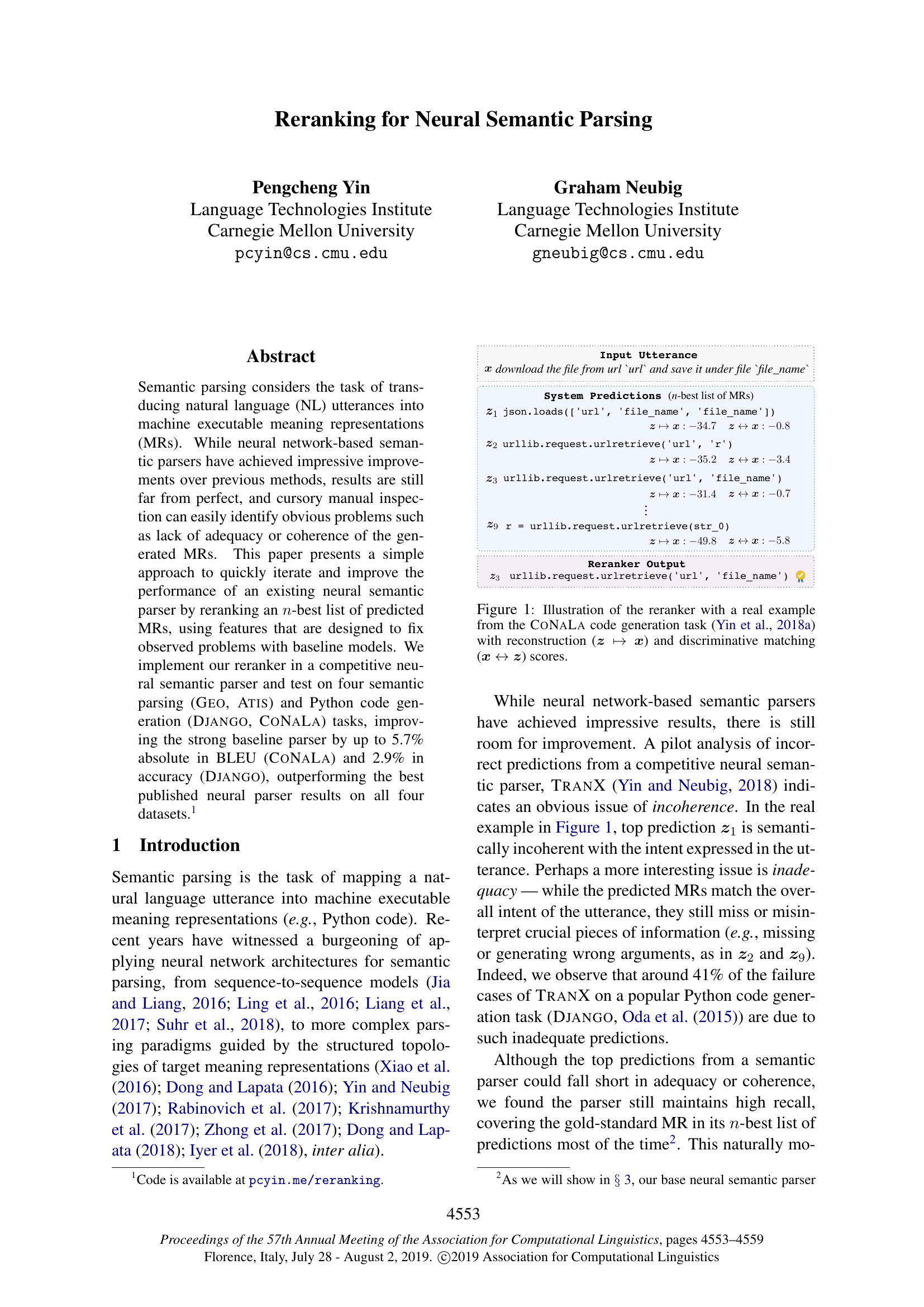 Reranking for Neural Semantic Parsing