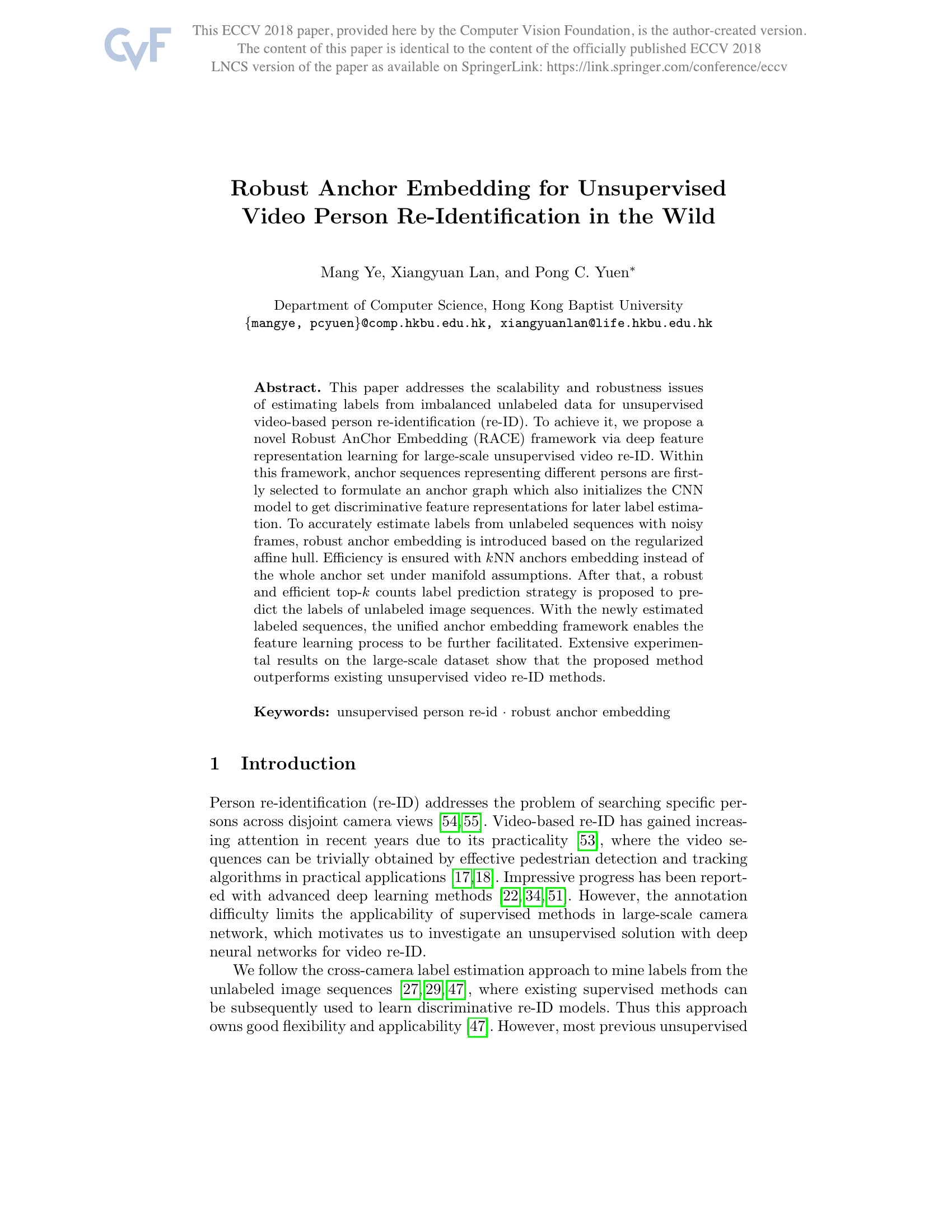 Robust Anchor Embedding for Unsupervised Video Person Re-Identification in the Wild