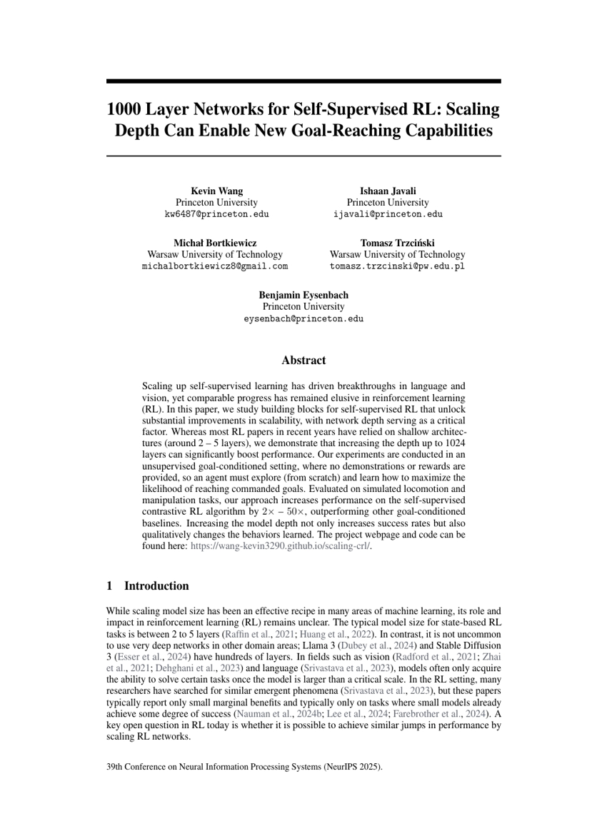 用于自监督强化学习的1000层网络：增加深度可实现新的目标达成能力