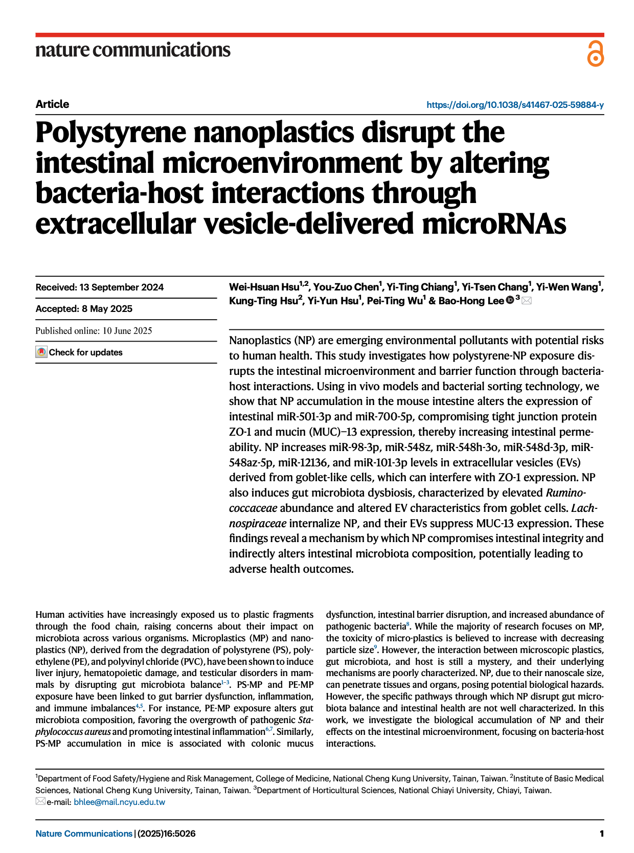 Polystyrene nanoplastics disrupt the intestinal microenvironment by altering bacteria-host interactions through extracellular vesicle-delivered microRNAs