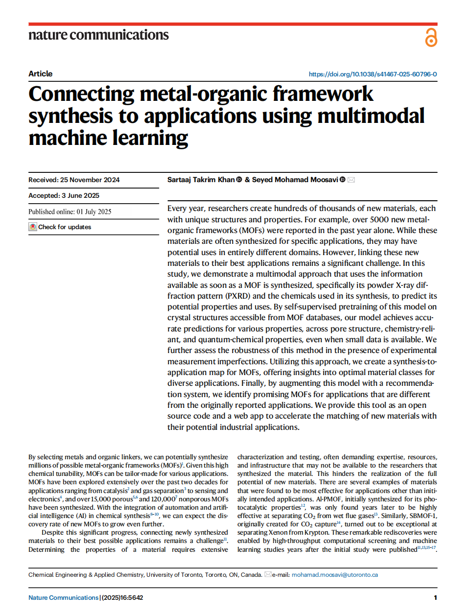 Connecting metal-organic framework synthesis to applications using multimodal machine learning