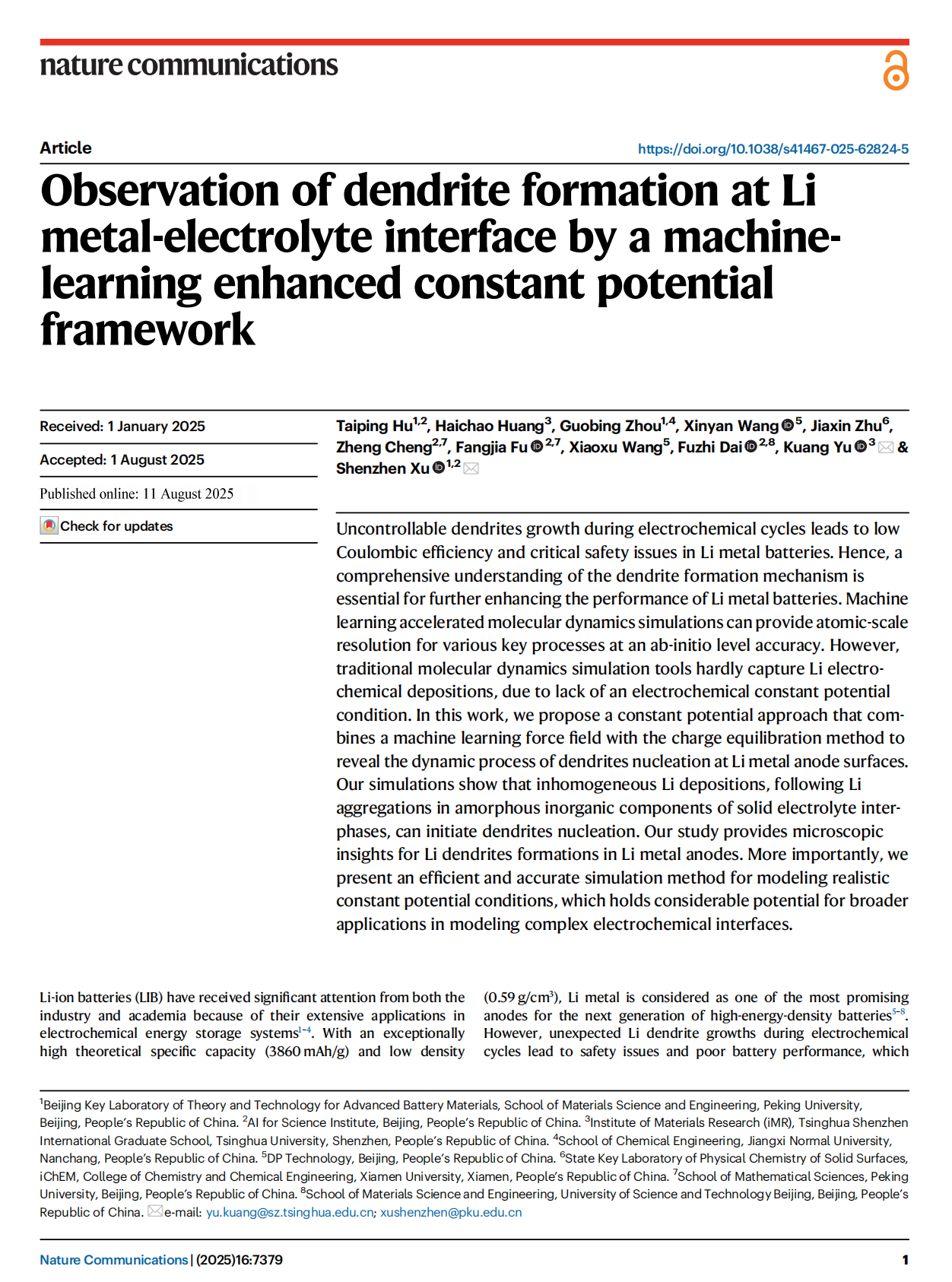 Observation of dendrite formation at Li metal-electrolyte interface by a machine-learning enhanced constant potential framework