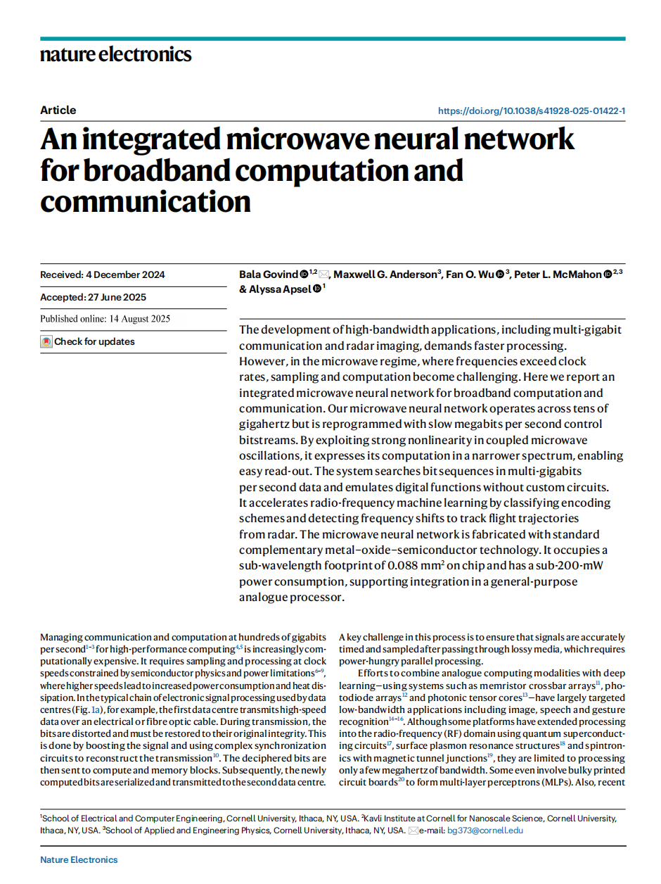 An integrated microwave neural network for broadband computation and communication