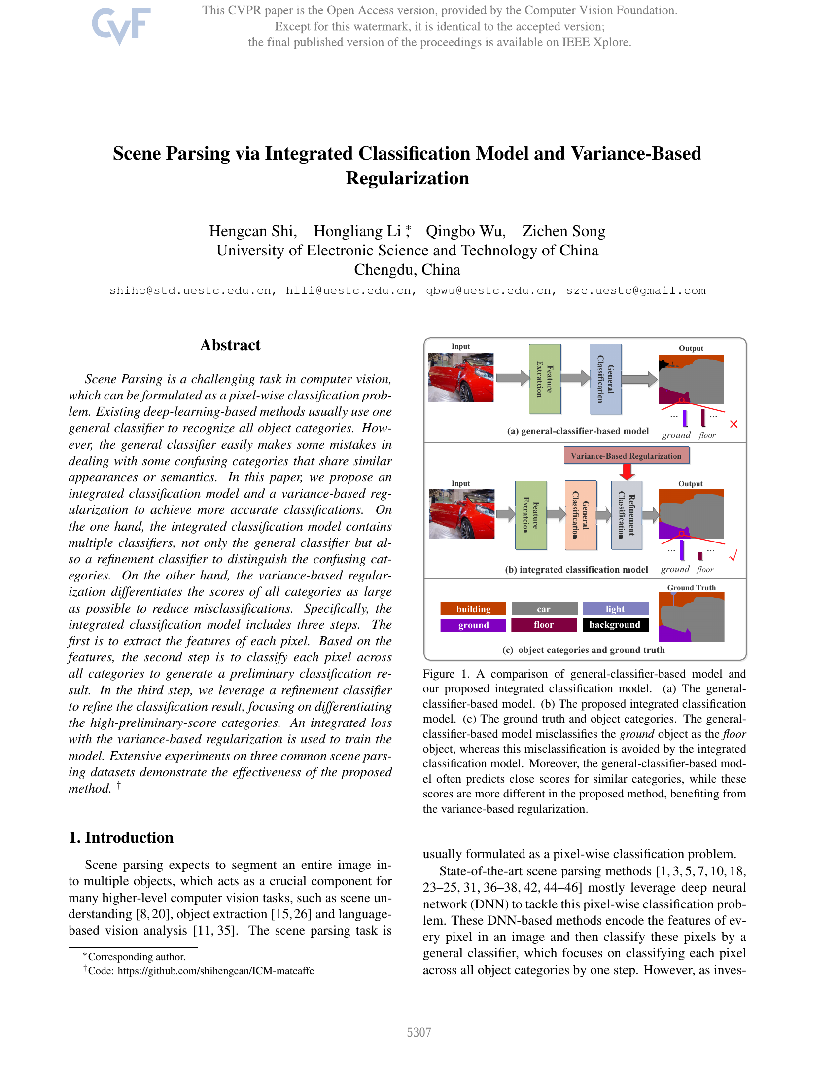 Scene Parsing via Integrated Classification Model and Variance-Based Regularization