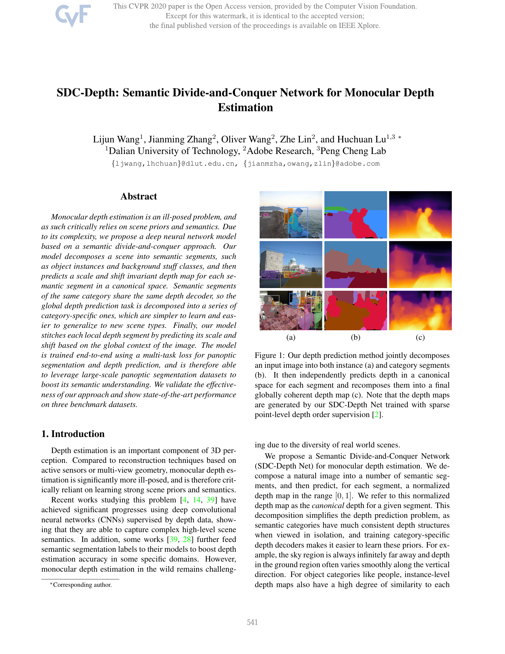 SDC-Depth: Semantic Divide-and-Conquer Network for Monocular Depth Estimation