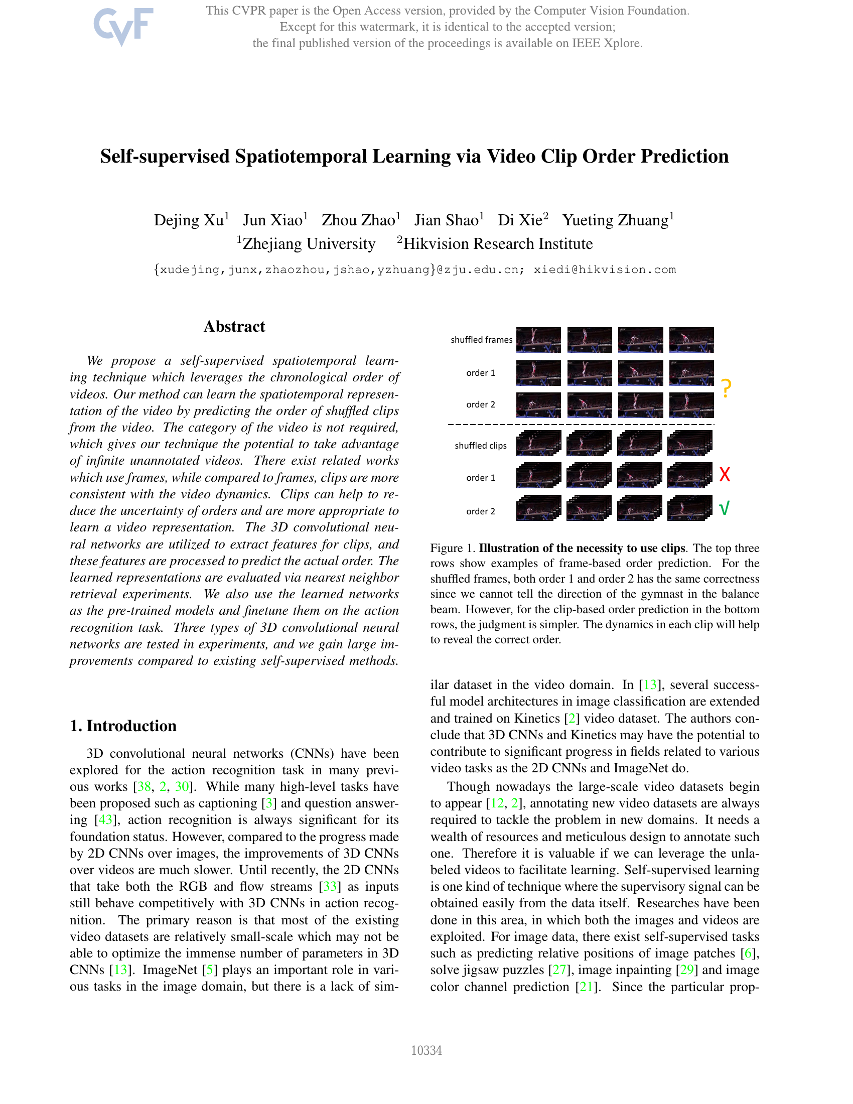Apprentissage spatio-temporel auto-supervisé par prédiction de l'ordre des extraits vidéo