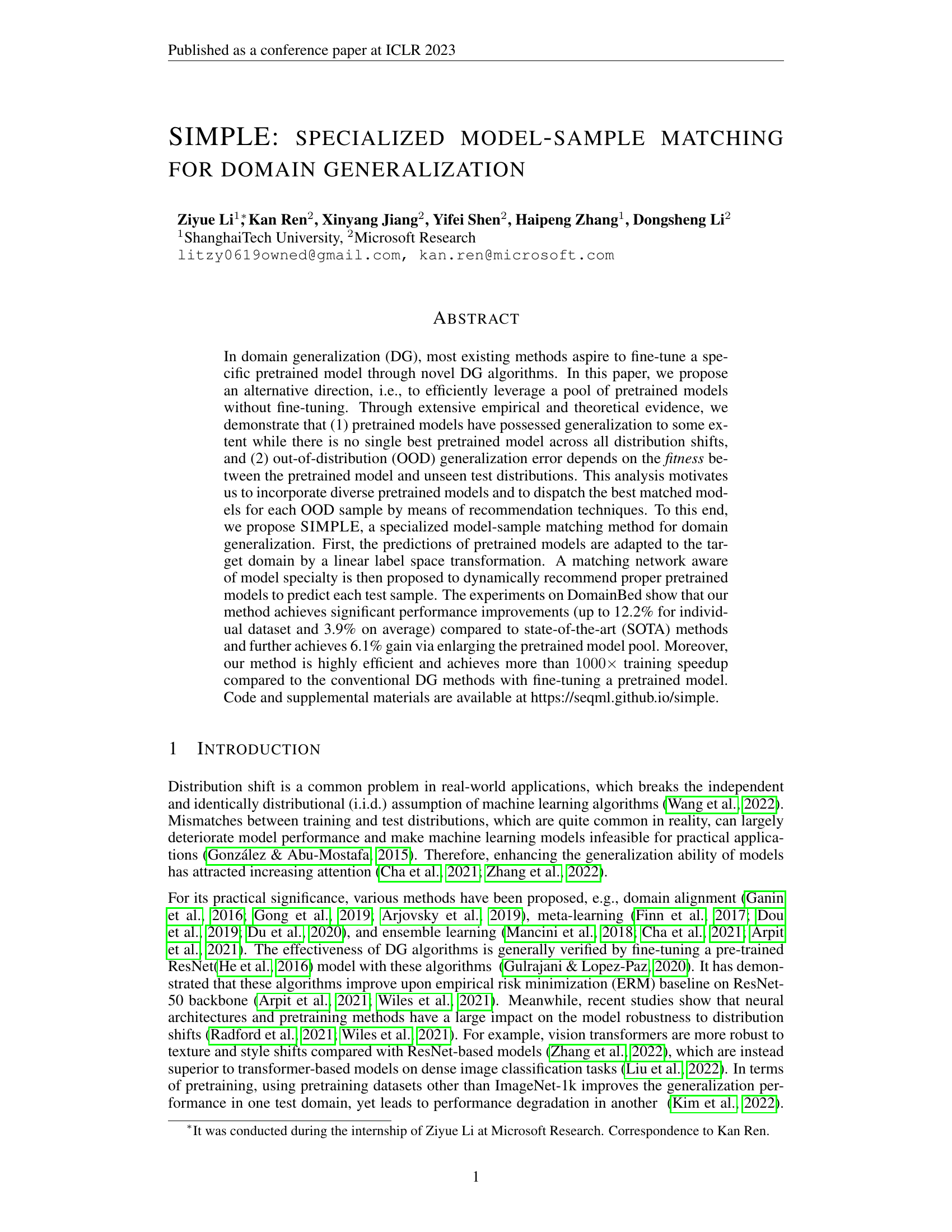 SIMPLE: Specialized Model-Sample Matching for Domain Generalization