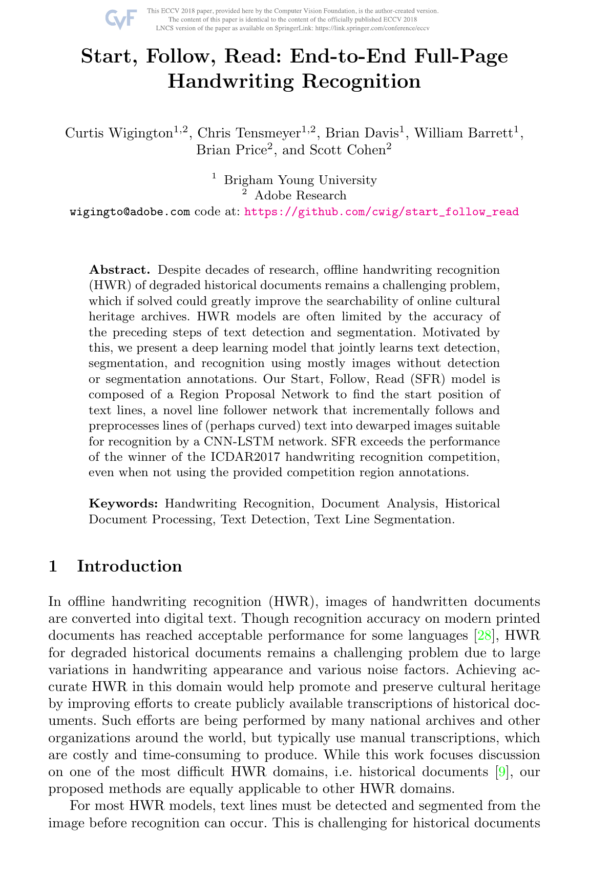 Start, Follow, Read : Reconnaissance end-to-end d'écriture manuscrite intégrale