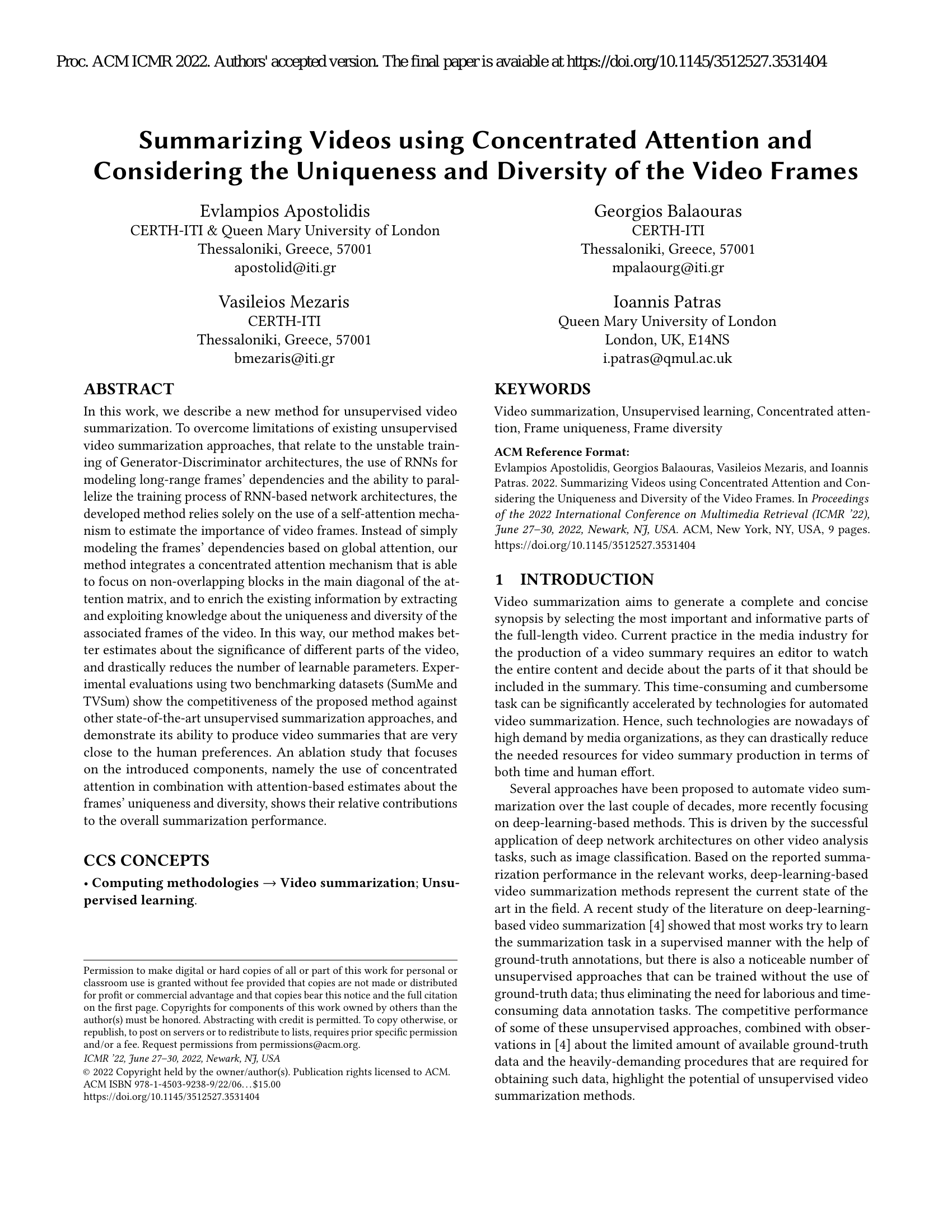 Summarizing Videos using Concentrated Attention and Considering the Uniqueness and Diversity of the Video Frames