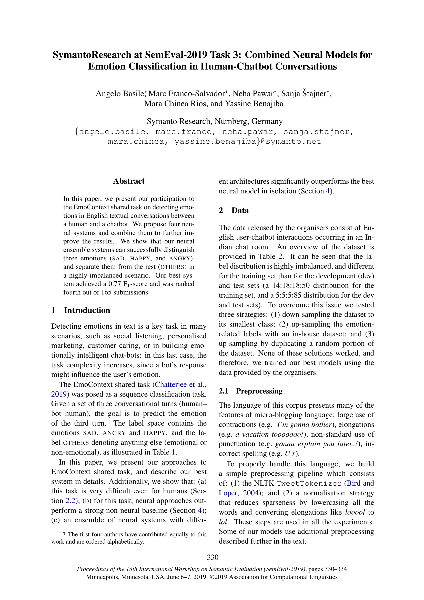 Symanto Research 在 SemEval-2019 任务3中的工作:用于人机对话情感分类的融合神经模型