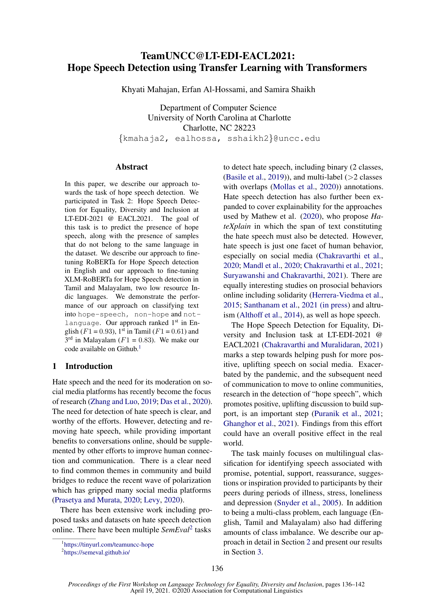 TeamUNCC@LT-EDI-EACL2021:Transformerを用いた転移学習を用いた希望語の検出