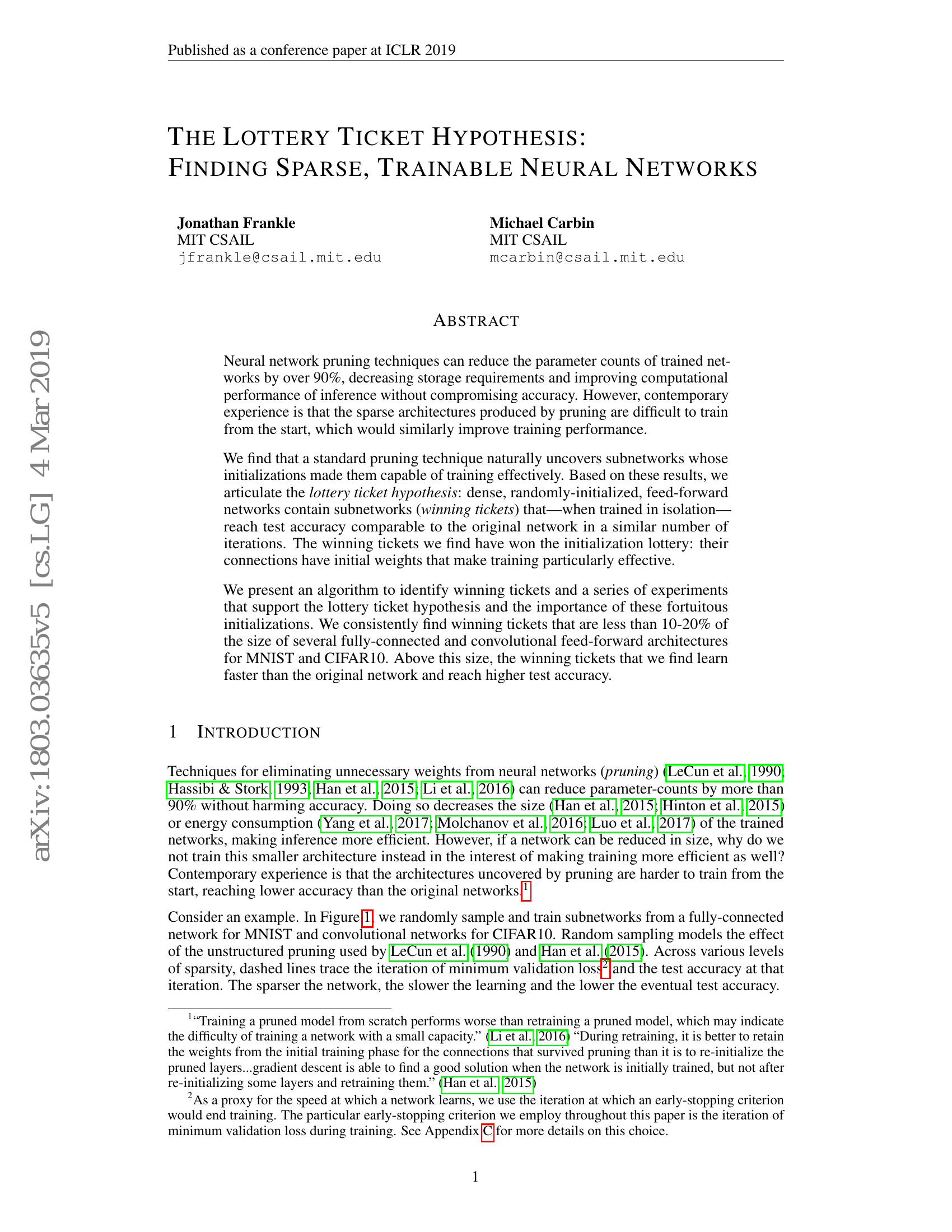 The Lottery Ticket Hypothesis: Finding Sparse, Trainable Neural Networks
