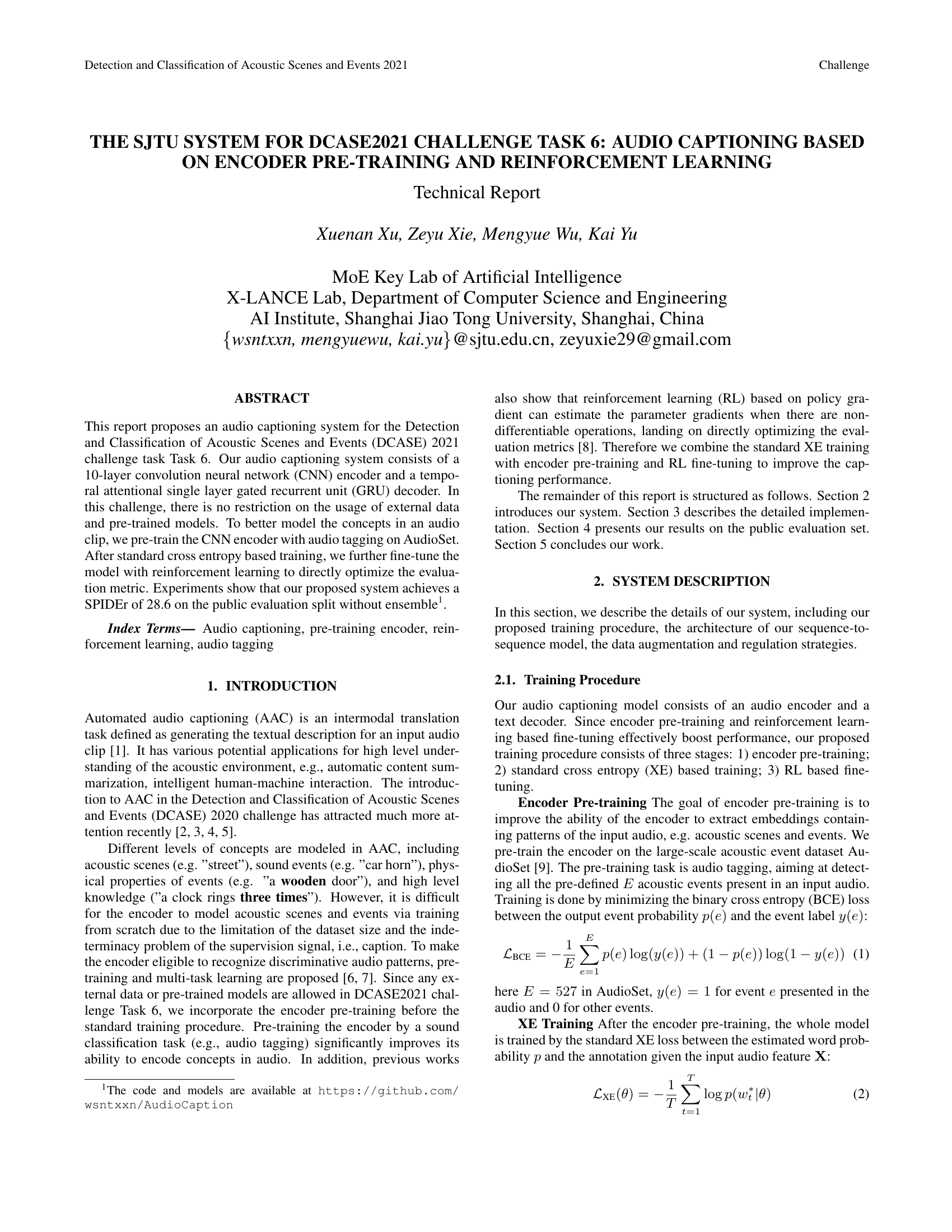 上海交通大学在DCASE2021挑战赛任务6中的系统：基于编码器预训练与强化学习的音频描述生成