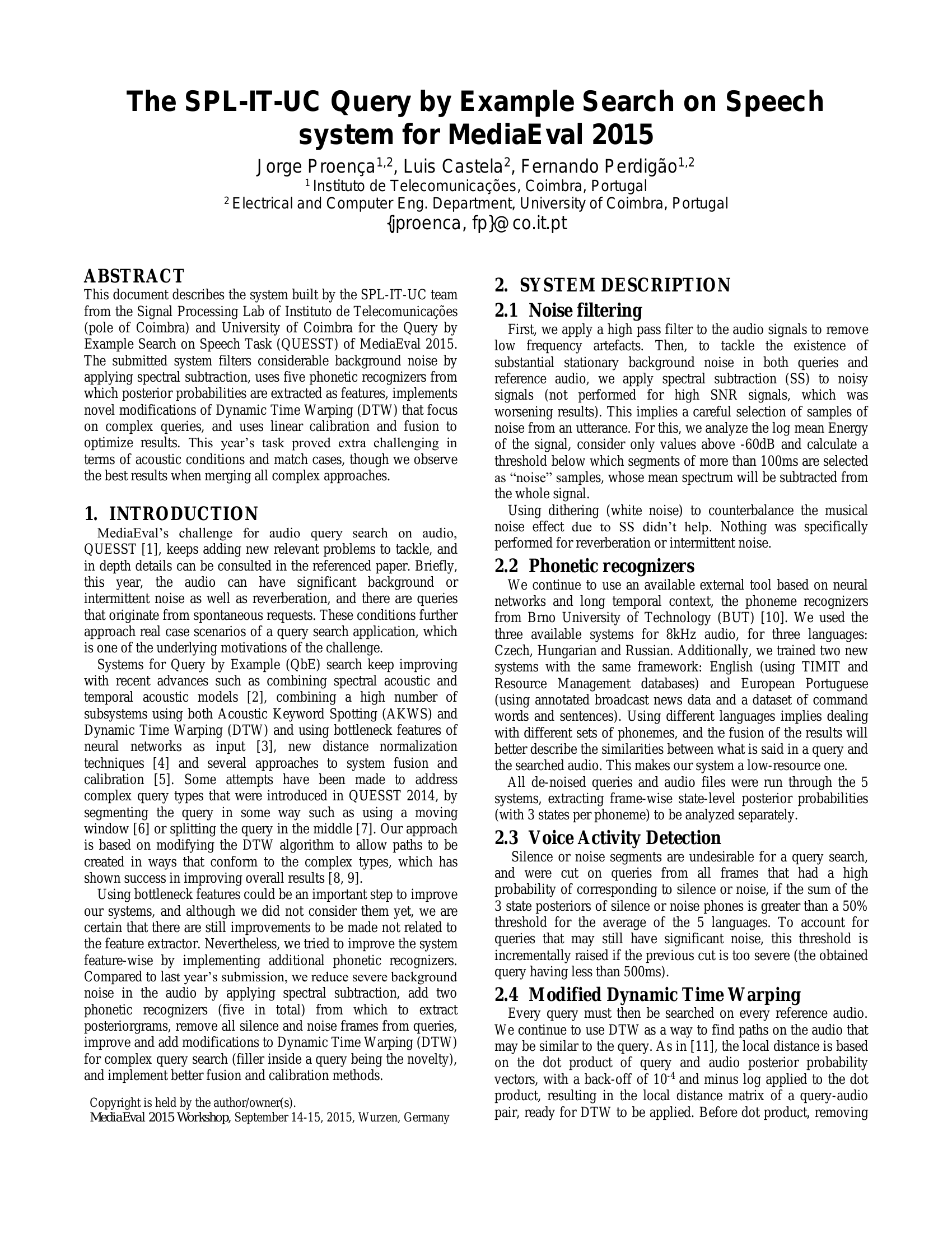 La recherche par exemple d'interrogation SPL-IT-UC sur le système vocal pour MediaEval 2015