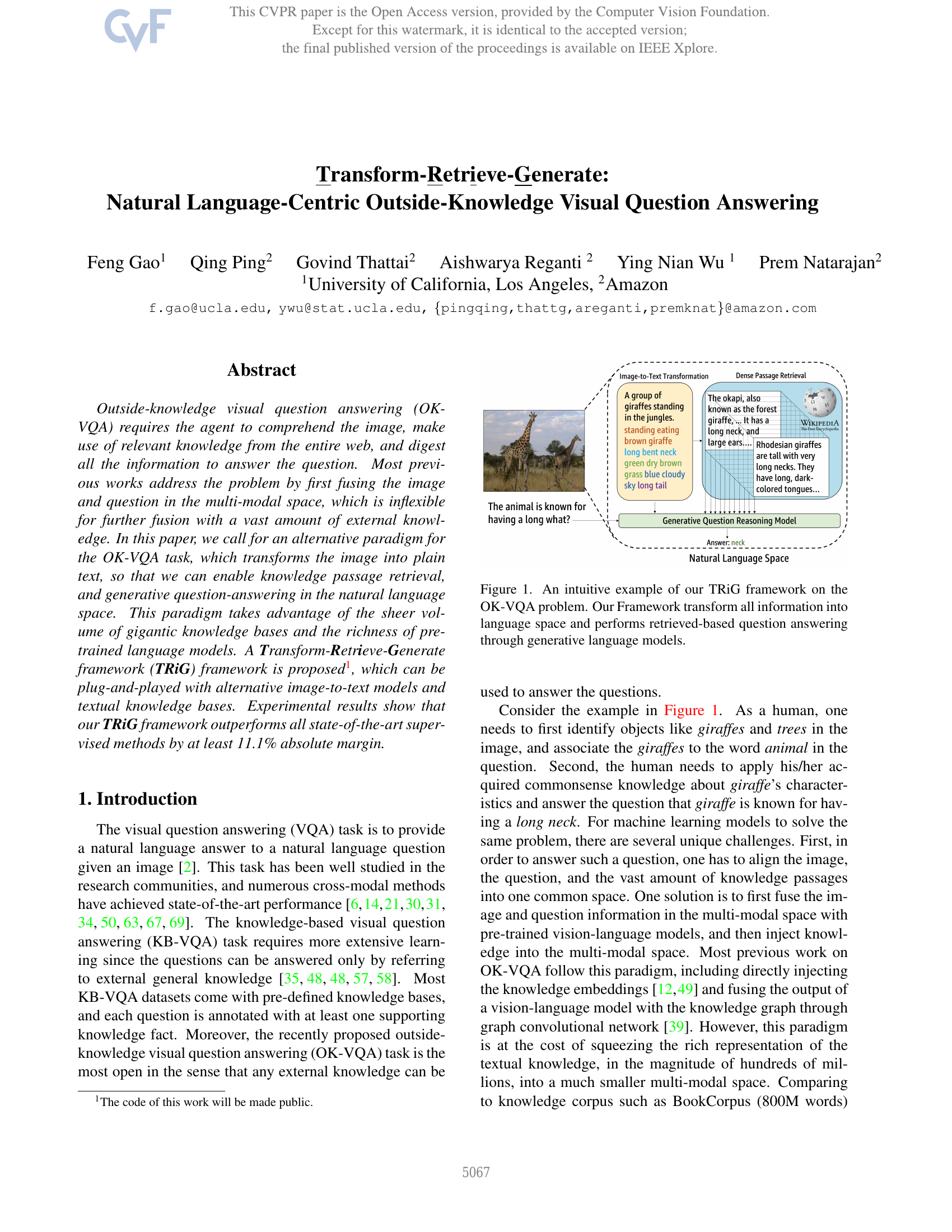 基于自然语言中心的外部知识视觉问答:Transform-Retrieve-Generate