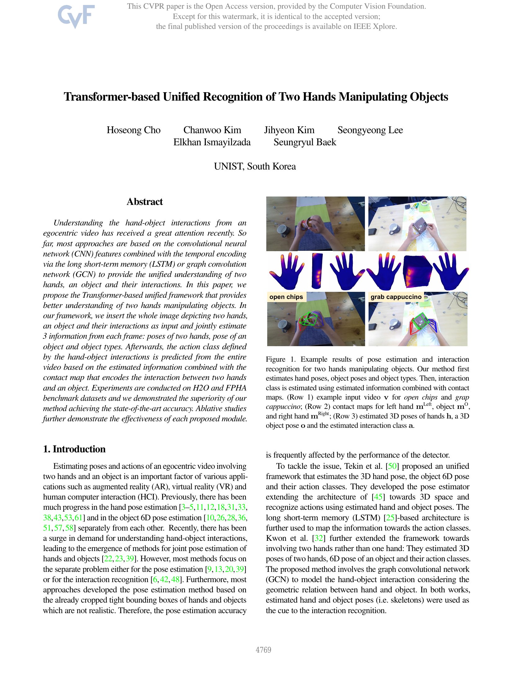 Transformer-Based Unified Recognition of Two Hands Manipulating Objects