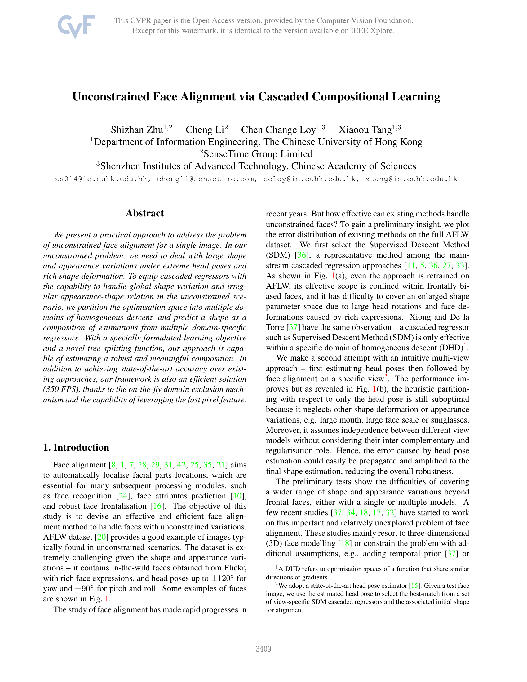 Alignement de visage non contraint par apprentissage composé en cascade