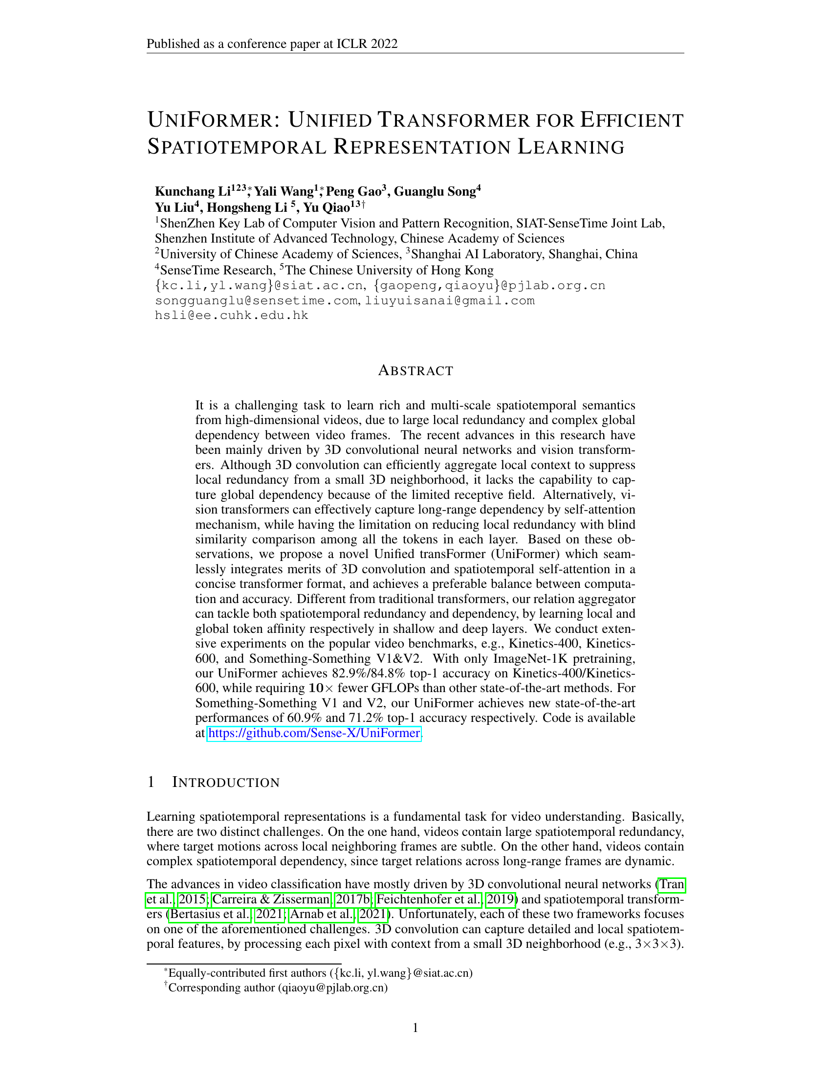 UniFormer: Unified Transformer for Efficient Spatial-Temporal Representation Learning