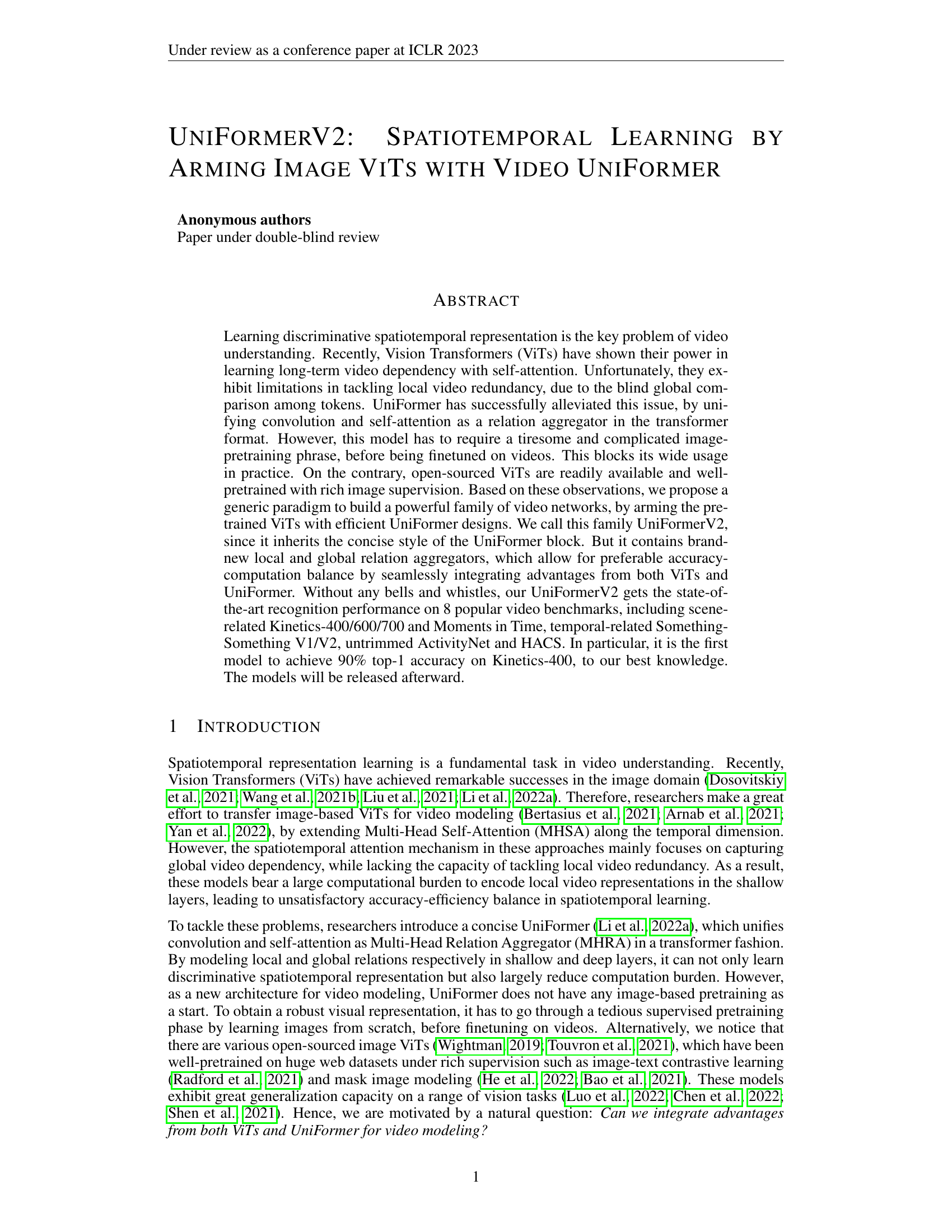 UniFormerV2: Spatiotemporal Learning by Arming Image ViTs with Video UniFormer