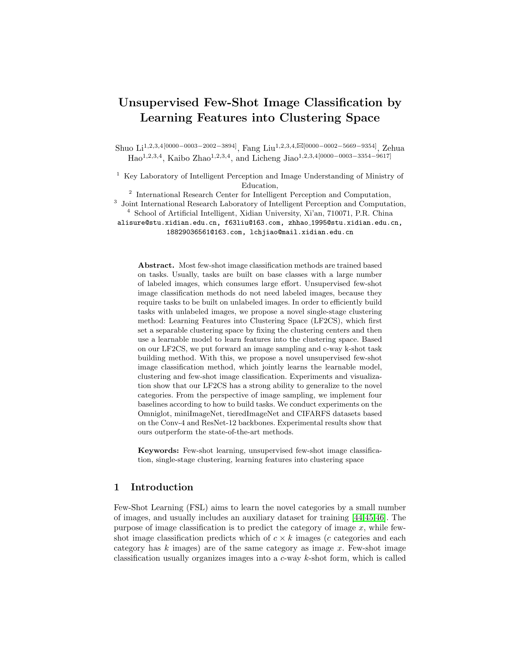 Unsupervised Few-Shot Image Classification by Learning Features into Clustering Space