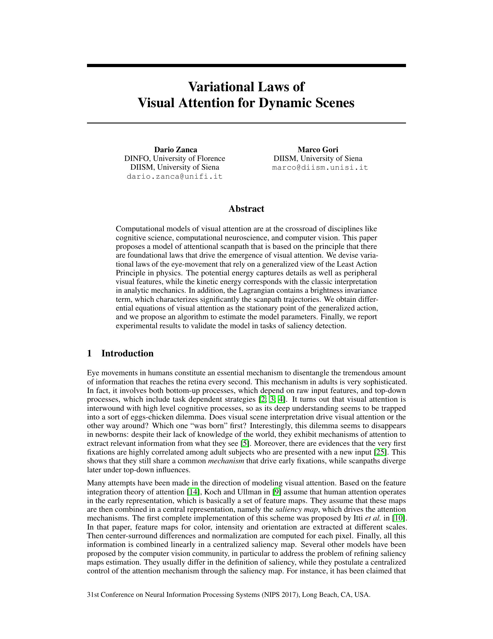 Variational Laws of Visual Attention for Dynamic Scenes