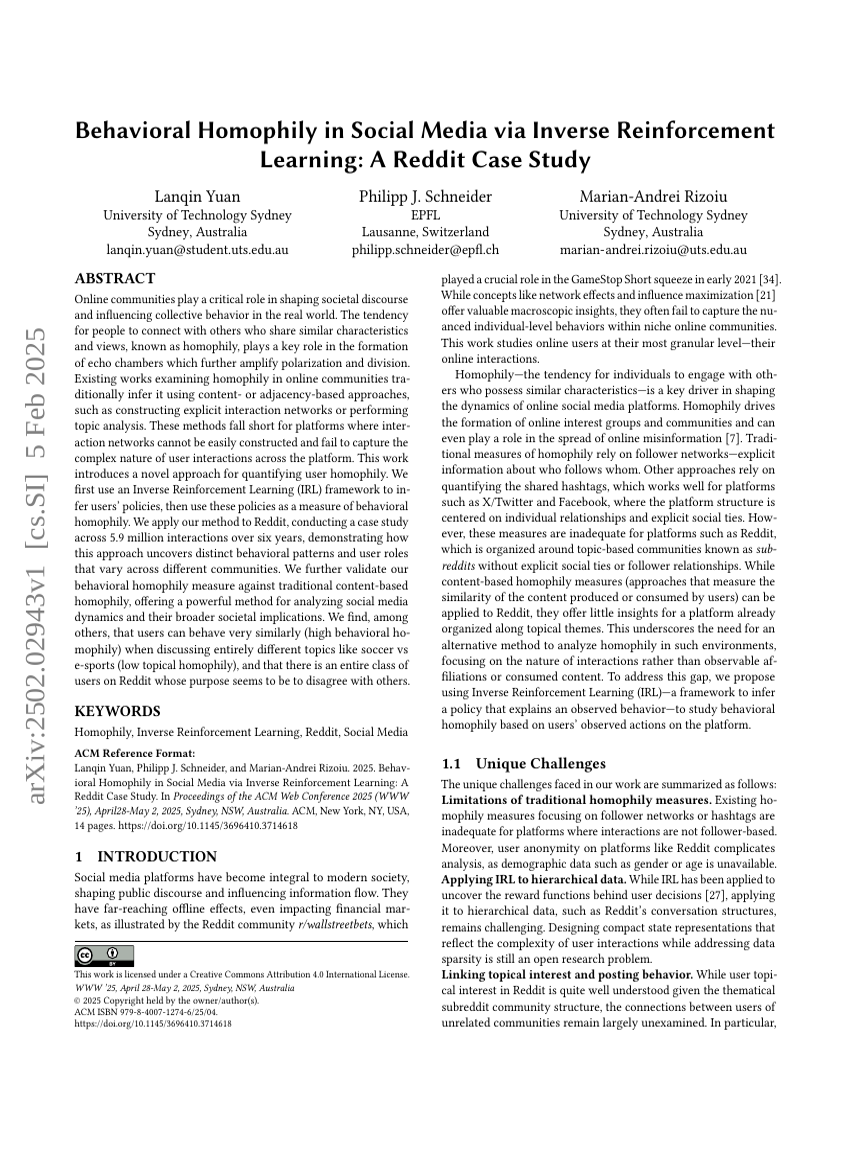 Behavioral Homophily in Social Media via Inverse Reinforcement Learning: A Reddit Case Study